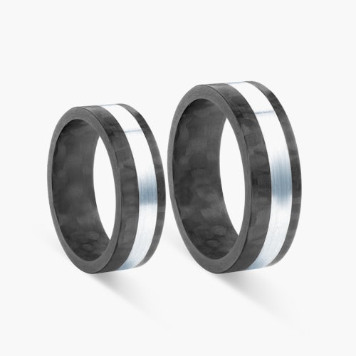 Obrączki ślubne: carbon, srebro, płaskie, 6 mm i 7 mm